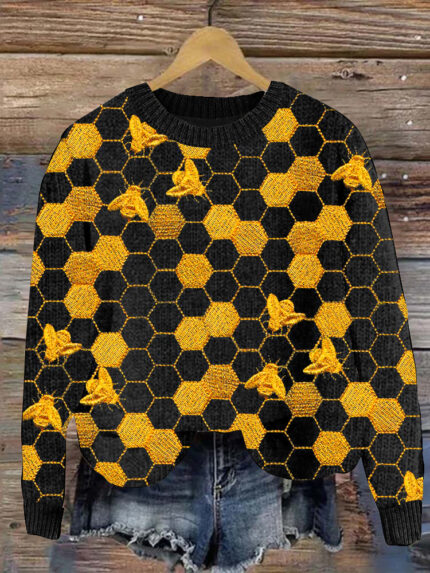 Sweet Golden Honey Bees Embroidery Art Graphics Cozy Knit Sweater